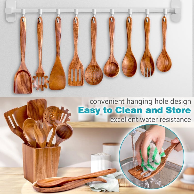 HOWHONG Wooden Spoons for Cooking, Premium Acacia Wood Kitchen Utensil Set, Handmade Wooden Utensils for Nonstick Cookware, Heat Resistant, Smooth Finish, Comfortable Grip, with Holder, Gift Ready - Image 3